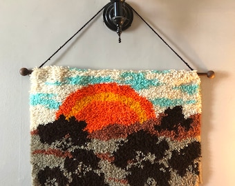 Vintage Latch Hook Rug Wall Hanging Sunset Tree Canopy Cottage Core