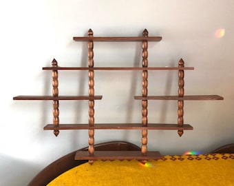 MCM What Not Tchotchke Shelf, Wall Hanging, Brown Wood Spindle Trinket Holder Mid Century Modern Shelf