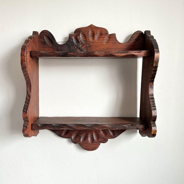Vintage Primitive Dark-Stained Wooden Hanging Wall Shelf Primitive Farmhouse Decor