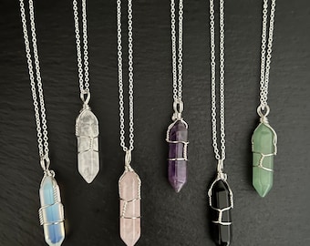 Crystal Point Wire Wrapped Necklace Natural Gemstone Semi Precious Healing Silver Plated
