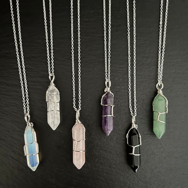 Crystal Point Wire Wrapped Necklace Natural Gemstone Semi Precious Healing Silver Plated