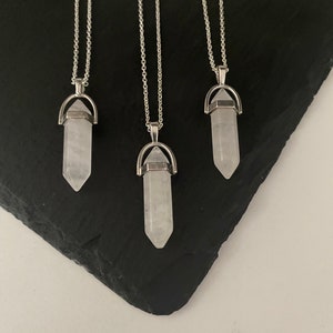 Clear Quartz Initial Crystal Point Necklace Natural Gemstone Semi Precious Healing Silver Plated Chain Letter Pendant Charm