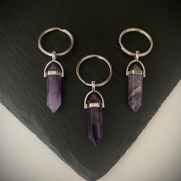 Amethyst Crystal Point Initial Keyring Natural Gemstone Semi Precious Healing Silver Plated Letter Keychain