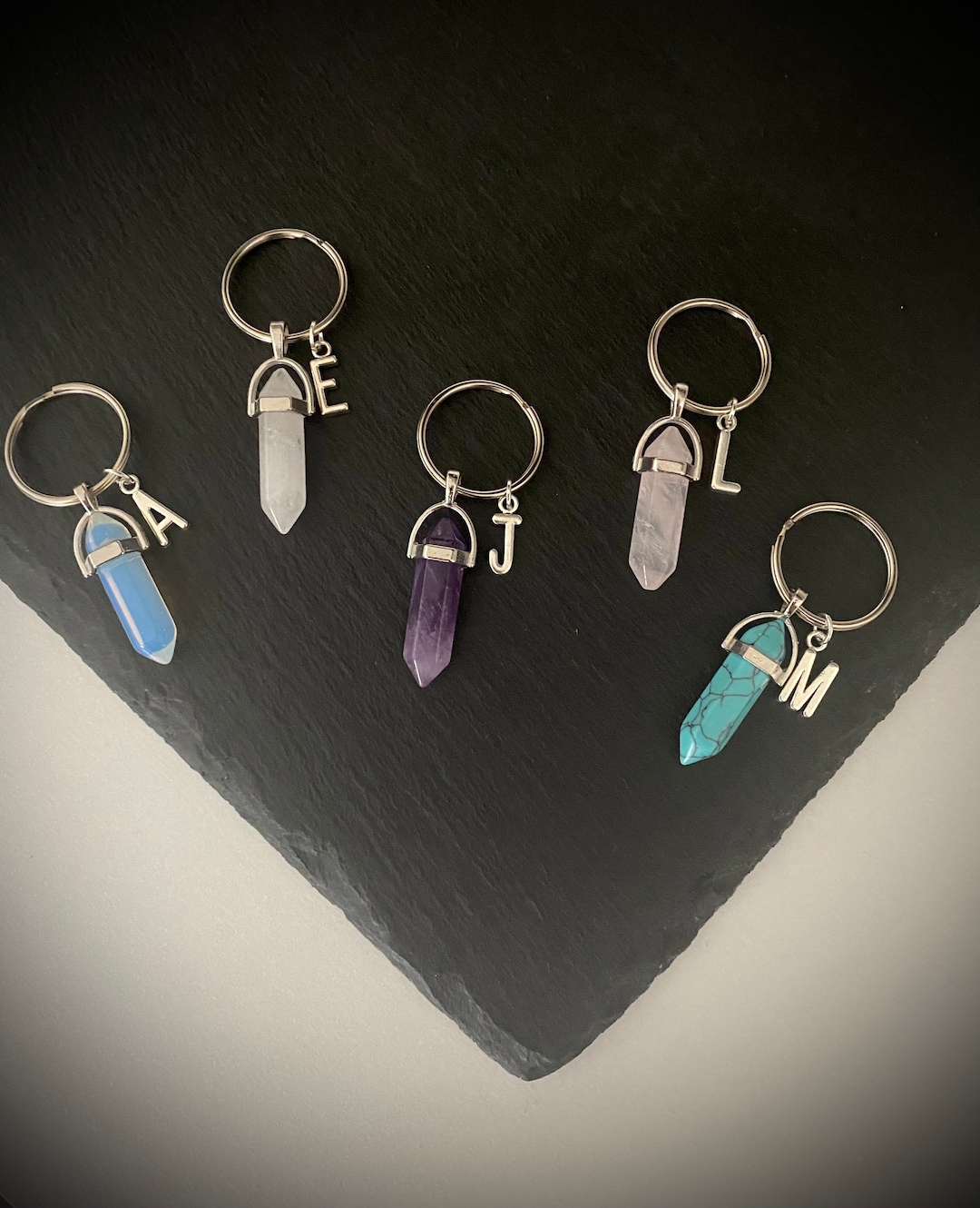 Crystal Point Initial Keyring: Natural Gemstone Keychain - Etsy
