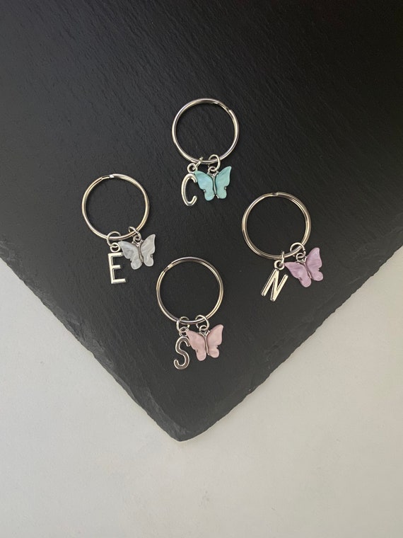 Personalised Silver Rhinestone Butterfly & Letter/Initial Charm Keyring Gift 