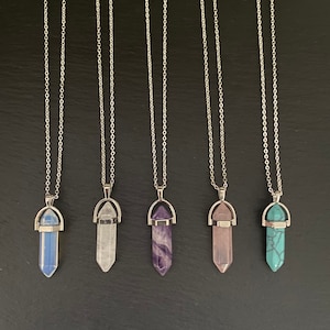 Crystal Point Necklace Amethyst Rose Quartz Clear Quartz Turquoise Opalite Natural Gemstone Semi Precious Healing Silver Plated Necklace