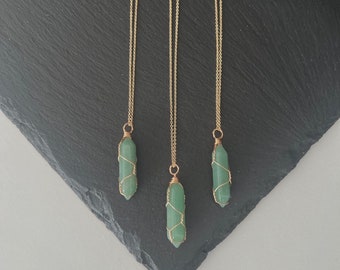 Crystal Point Gold Wire Wrapped Green Aventurine Necklace Natural Gemstone Semi Precious Healing 18k Gold Plated