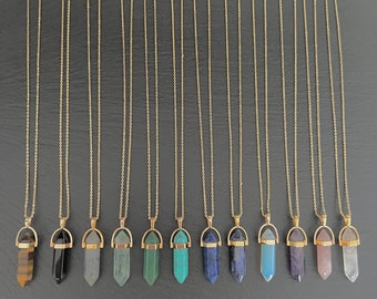 Crystal Point Necklace Amethyst Rose Quartz Clear Quartz Turquoise Opalite Natural Gemstone Semi Precious Healing 18k Gold Plated Necklace