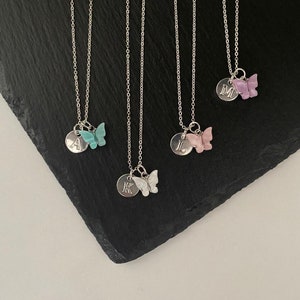 Disc Initial Butterfly Necklace Letter Name Personalised Silver Plated Pendant Charm Butterfly Necklace Blue White Pink Purple