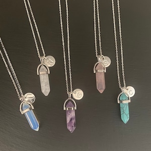 Crystal Point Initial Necklace Letter Amethyst Rose Quartz Clear Quartz Turquoise Opalite Natural Gemstone Semi Precious Silver Plated