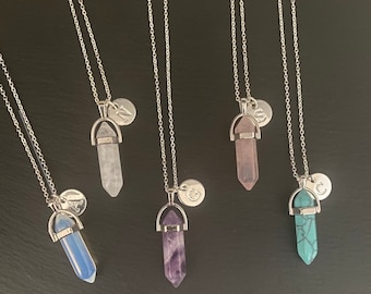 Crystal Point Initial Necklace Letter Amethyst Rose Quartz Clear Quartz Turquoise Opalite Natural Gemstone Semi Precious Silver Plated