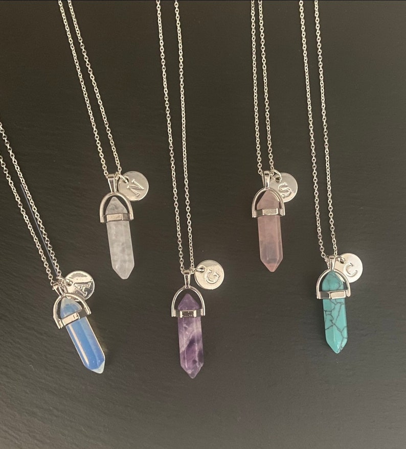 Crystal Point Initial Necklace Letter Amethyst Rose Quartz Clear Quartz Turquoise Opalite Natural Gemstone Semi Precious Silver Plated 