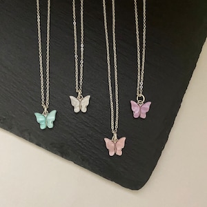 Butterfly Necklace Silver Plated Pendant Charm Butterfly Necklace Blue White Pink Purple