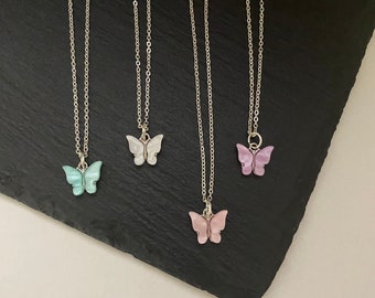 Butterfly Necklace Silver Plated Pendant Charm Butterfly Necklace Blue White Pink Purple
