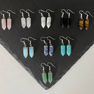 Crystal Point Dangle Earrings Rose Quartz Clear Quartz Turquoise Opalite Natural Gemstone Semi Precious Healing Silver Plated Drop