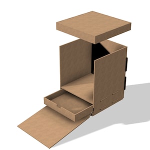 以下が含まれることがあります： 引き出しと蓋が付いたダンボール箱。引き出しは引き出され、蓋は開いています。箱は茶色のダンボールでできています。