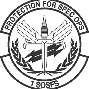 May include: Black and white illustration of a military unit patch. The patch features a dagger, lightning bolts, wings, and a laurel wreath. The text "Protection for Spec Ops 1 SOSFS" is displayed on the patch.