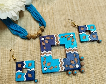 Hand-Painted Terracotta Jewelry Set | Floral Tribal Necklace Earrings
