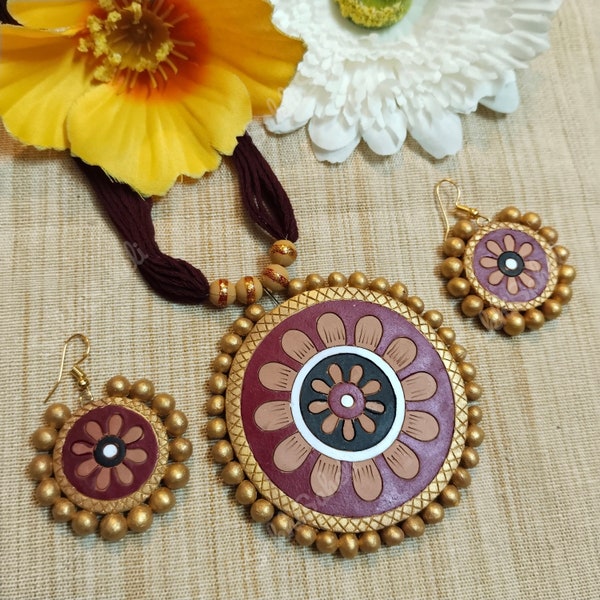 Terracotta Jewelry Set with Handpainted Pendent Necklace Earrings | Clay Jewelry | Organic Handmade Eco Friendly Jewellery Set for Women