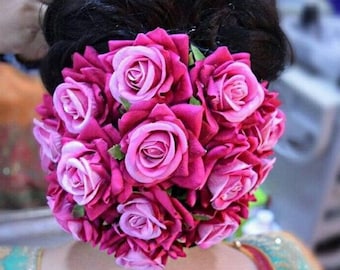 Pink Rose Hair Bun Gajra Reusable Bun Flower Jewelry for Wedding Bridal Juda for Bride Indian Floral Bun Bollywood Style Classical Dance