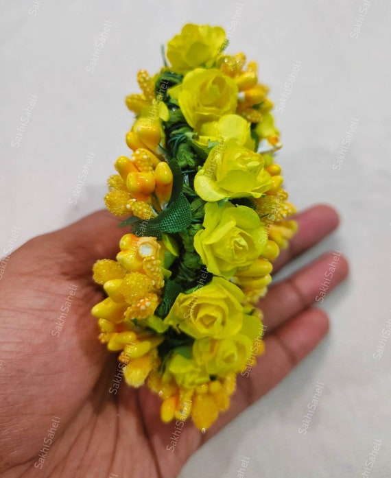 SakhiSaheli Yellow Gajra Veni Artificial Rose Floral Hair Bun Flower Jewelry Bridal Wedding Jewelry Eco Friendly Indian Hair Accessories Haldi Mehendi