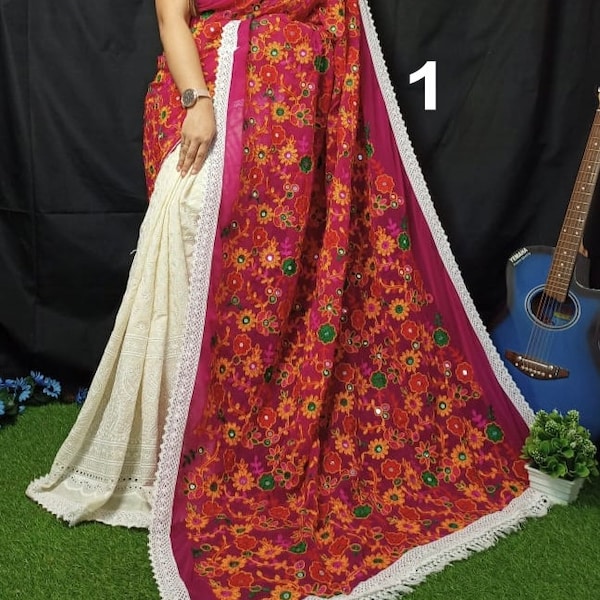 Party Wear Chikankari Saree With All Over Sequence Work/ Soft Hakoba Sari Without Blouse / Half Chikenkari & Half Rajasthani Work Saree