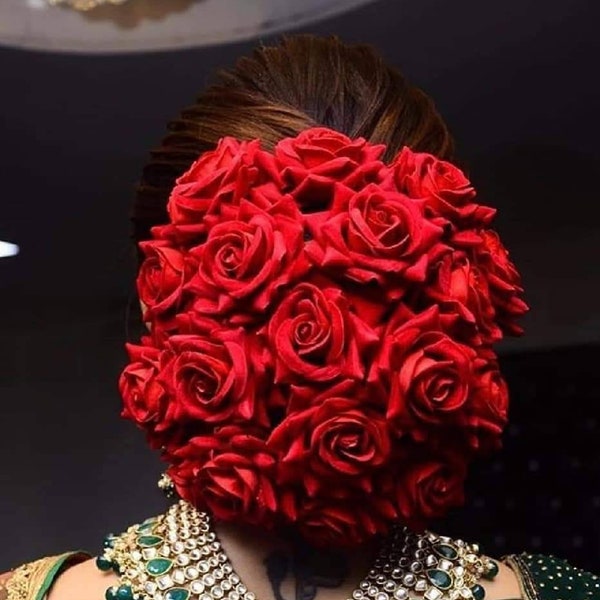 Red Rose Hair Bun Gajra Bollywood Style Reusable Bun Flower Jewelry for Wedding Bridal Juda for Bride Indian Floral Bun for Classical Dance