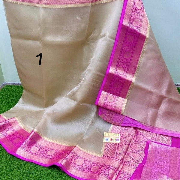 Pure Muslin Organza Silk Saree With Blouse Piece / Handwoven Organza Banarasi Sari with Contrast Zari Border/ Gift For Mother/ Gift For Wife