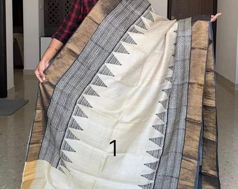 Silk Mark Zari Tussar Silk Saree: Block Print, Blouse Piece