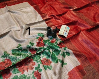 Silk Mark Certified Printed Ghicha Tussar Silk Saree With Blouse Piece/ Pure Ghicha Silk Saree/ 100% Pure Silk Sari For Women/ Gift For Her
