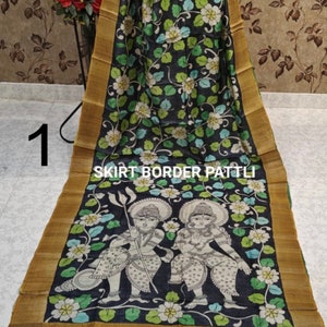 Silk Mark Certified Pure Tussar Silk Saree With Handpainted Kalamkari Work & Zari Border/ Bishnupuri Tassar Silk Sari With Blouse Piece