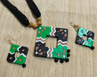 Hand-Painted Terracotta Jewelry Set | Green Floral Clay Necklace Earrings