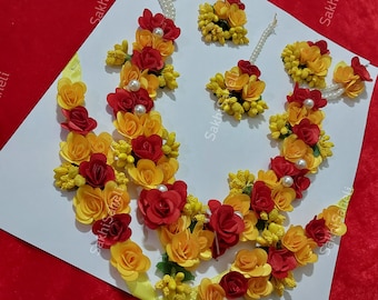 Flower Jewelry Set, Bridal Floral Necklace, Earrings, Mangtika, Hand Gajra Set, Artificial Haldi Jewelry for Wedding, Mehendi, Baby Shower