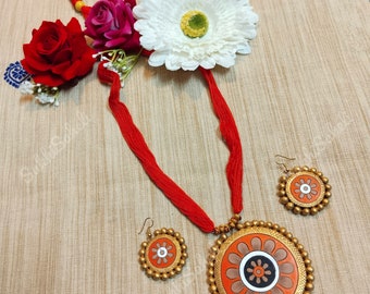 Handmade Terracotta Jewelry Set | Floral Pendant Necklace, Earrings