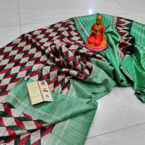 Silk Mark Certified Printed Ghicha Tussar Silk Saree With Contrast Blouse Piece/ Pure Silk Saree/ Soft Silk Sari For Women/ Gift For Her