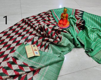 Printed Ghicha Tussar Silk Saree with Blouse Piece