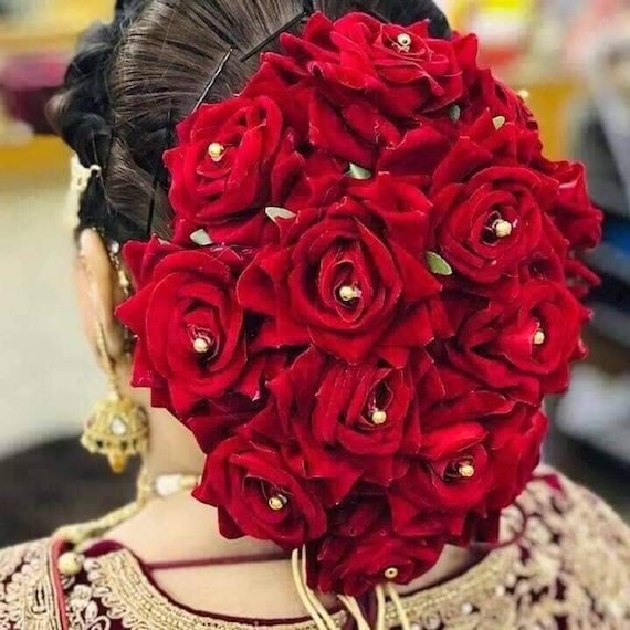 Buy Red Rose Hair Bun Gajra Bollywood Style Reusable Bun Flower Jewelry for  Wedding Bridal Juda for Bride Indian Floral Bun for Classical Dance Online  in India - Etsy