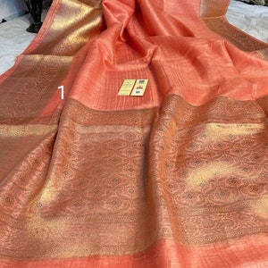 Silk Mark Certified Pure Linen Banarasi Saree with Zari Border & Pallu Weaving Design/ Linen Banarasi Sari With Blouse Piece/ Gift For Her.