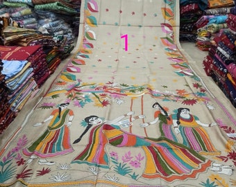 Silk Mark Certified Original Ghicha Tussar Kantha Stitch Saree with all over Hand Stitching Thread Work/Tussar Kantha Sari with Blouse Piece