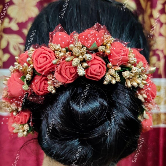 Artificial Marun Maroon Rose Flower for hair braid Band India Wedding Dances