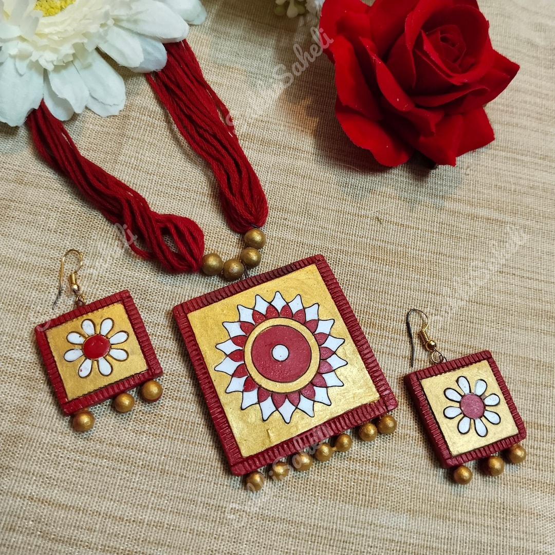Handpainted Terracotta Jewelry Set With Pendent Necklace Earrings Clay  Jewelry Organic Handmade Eco Friendly Jewellery Set for Women - Main Image