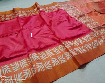 Ghicha Tussar Silk Saree: Bengal Handloom Sari with Leaf Print