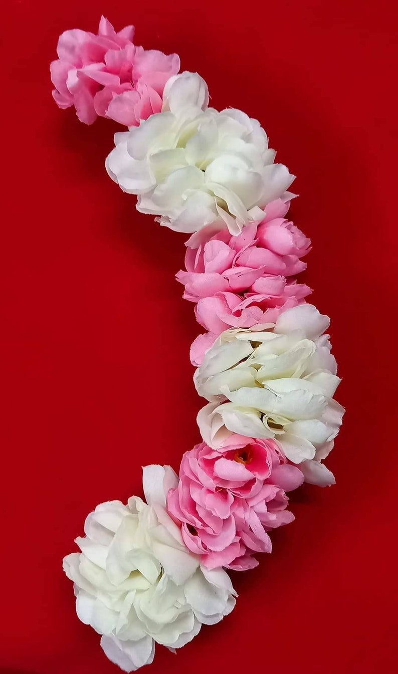 Reusable Gajra for Hair Veni Pink White Floral Jewelry for Wedding Indian Bollywood Style Juda for Bride Haldi Mahendi Sangeet Petal Gajra image 1