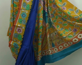 Silk Mark Certified Pure Muga Tussar Silk Saree With Kalamkari Work/ Munga Tassar Silk Sari With Blouse Piece/ Pure Silk Handwoven Saree