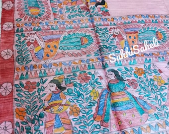 Bhagalpuri Ghicha Tussar Silk Saree, Madhubani Hand-Painted Sari With Blouse