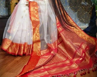White Reshom Jamdani Saree Pure Muslin Jamdani Saree Authentic Bengal Handloom Sari for Women Bengali Saree with Blouse Piece Soft Jamdani