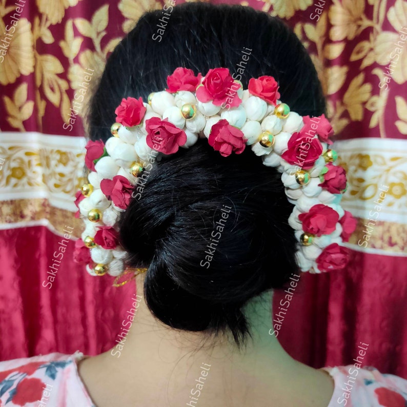 Rose Jamsmin Gajra for Hair Mogra Jhumar Veni Artificial Floral Jewelry Wedding Reusable Sola Wood Juda for Bride Classical Dance Jewelry image 5