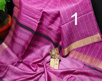 Handloom Tussar Silk Saree with Stripe Blouse, Silk Mark Certified