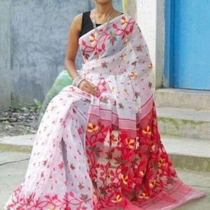Dhakai Jamdani Reshom Silk Saree All Over Work Authentic Floral Belpata Soft Jamdani Sari Pure Bengal Handloom Sari for Anniversary Gift