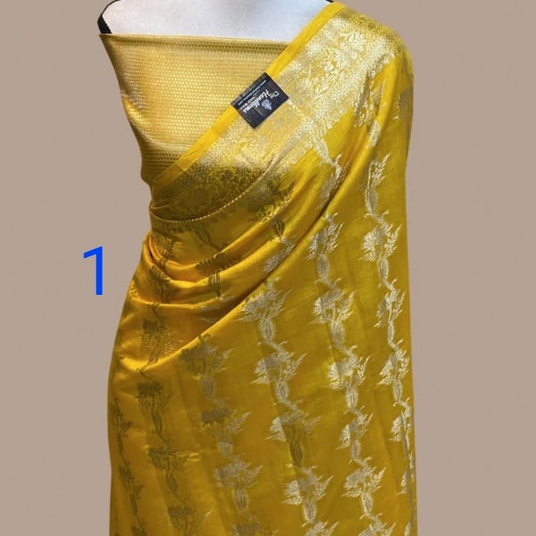 Saree de travail Pure Khadi Georgette Banarasi Amande Zari avec pièce de chemisier/Authentique sari tissé à la main pour elle/Sari de fête/Cadeau pour femme